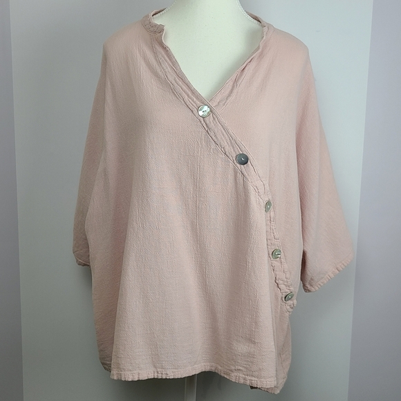 Oh My Gauze! rose pink v-neck 3/4 sleeve lagenlook relaxed fit blouse, sz L - Picture 1 of 11